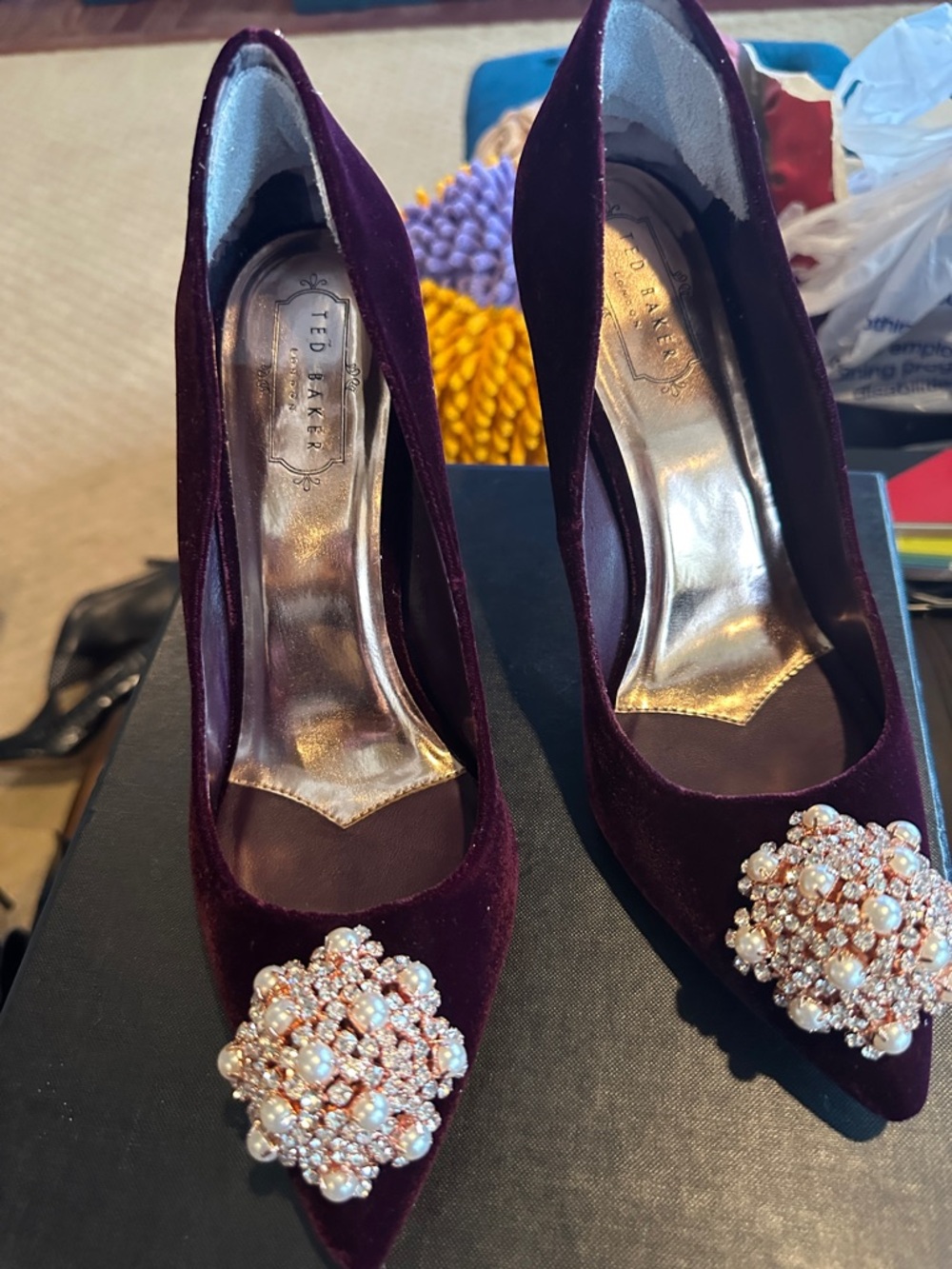 Ted Baker Burgundy Velvet Pointed Toe Pumps with Pearl & Crystal Brooch